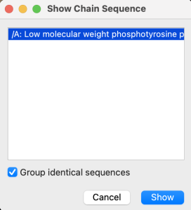 Popup window displaying the show chain sequence feature with group identical sequences checked.