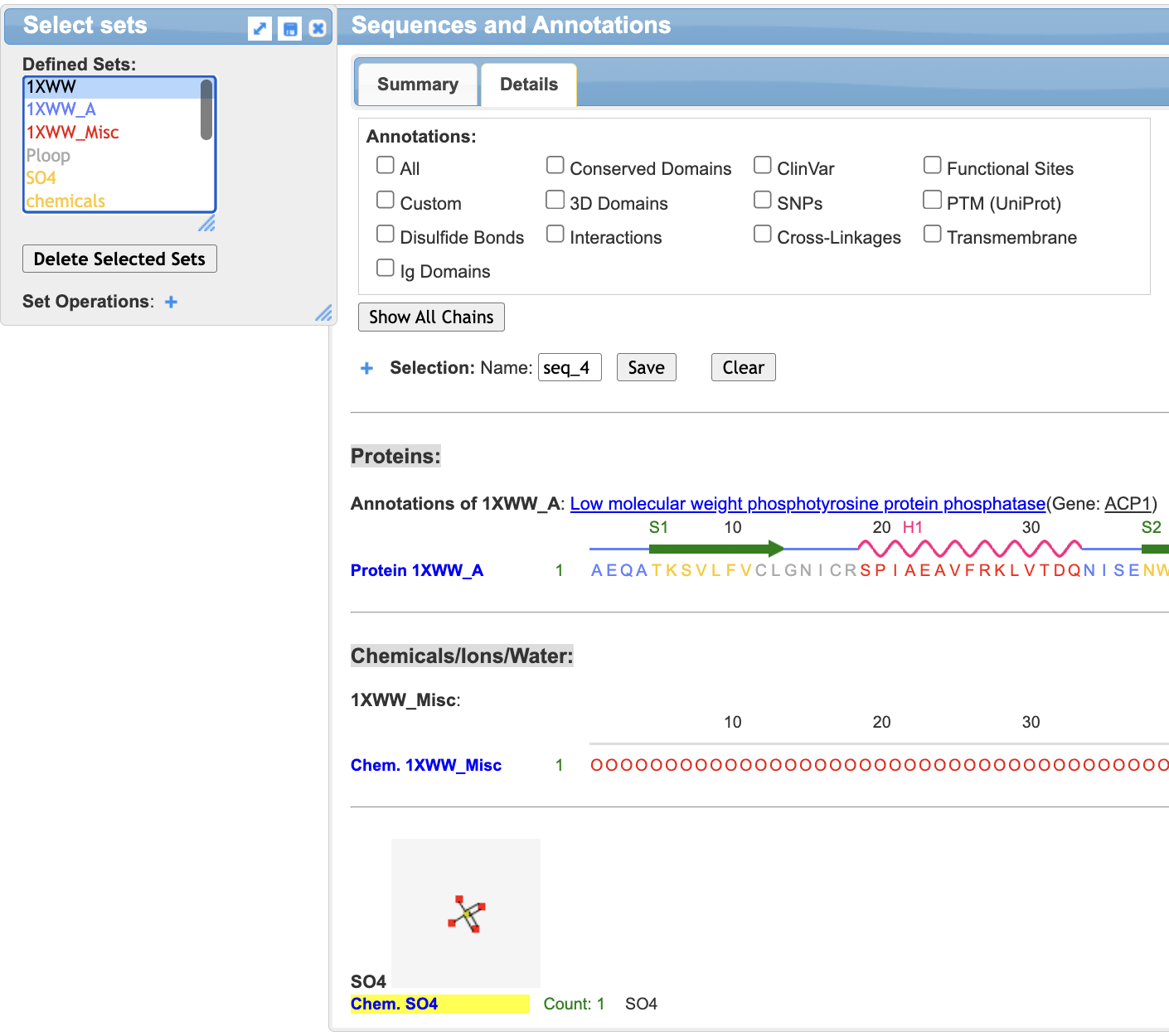 Screenshot of the sequences and annotations box highlighting sulfate selection in the sequences and annotations window.