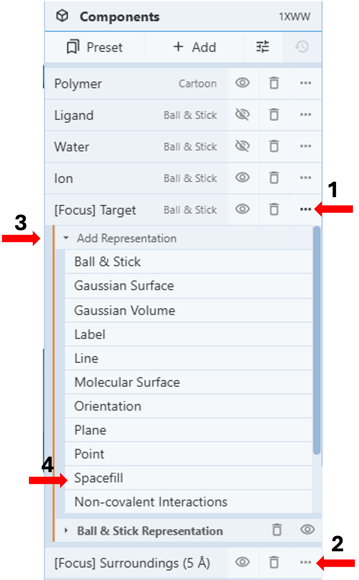 Screenshot of the components menu with steps 1-4 indicated with red arrows.