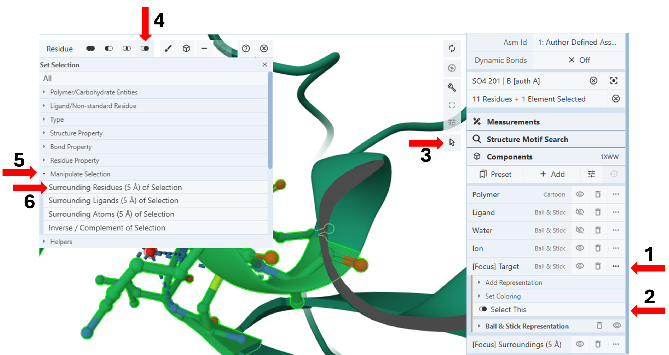 Screenshot of steps 1-6 to select residues within 5 Angstroms of the sulfate ion.