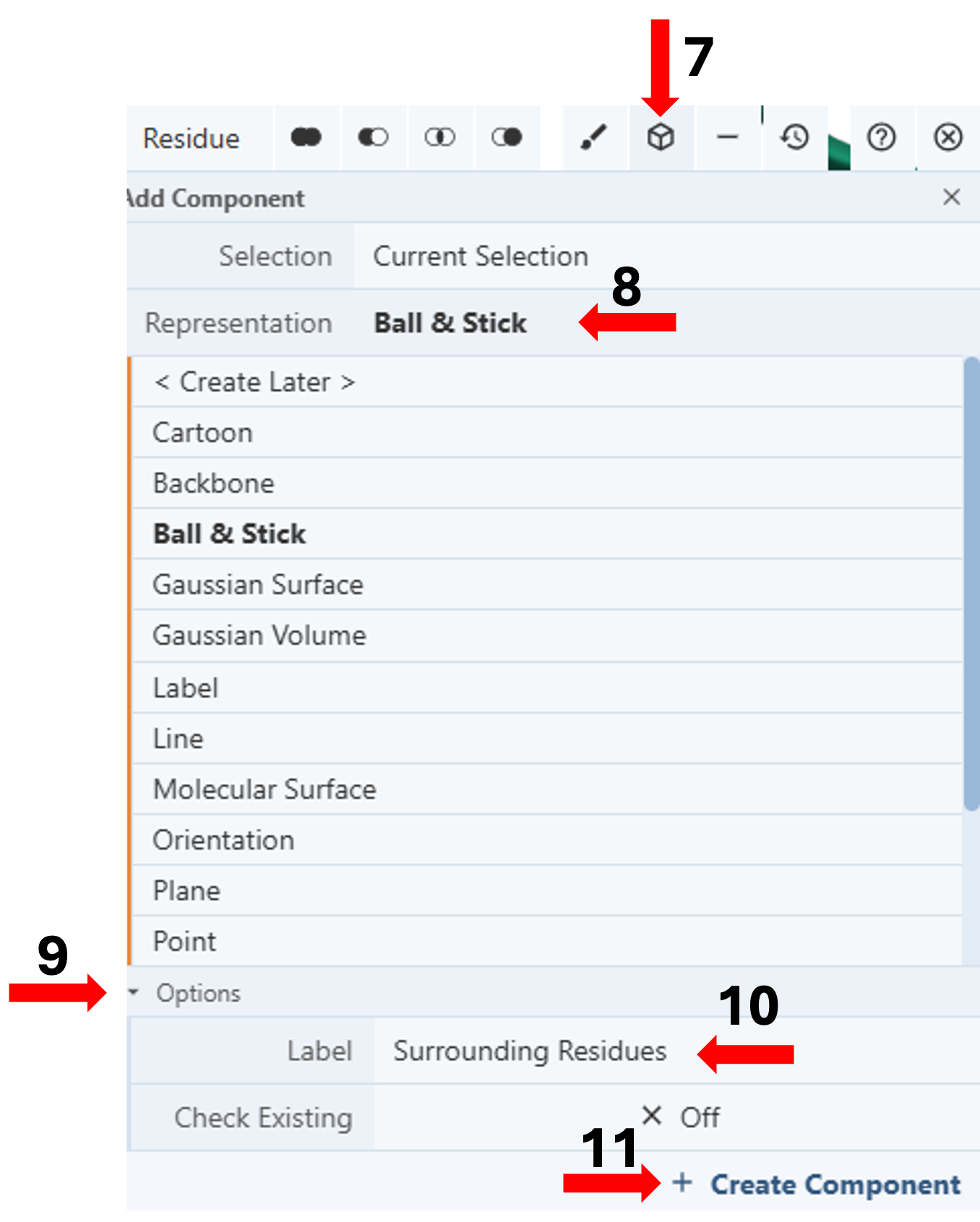 Screenshot of steps 6-11 to create a component for residues.