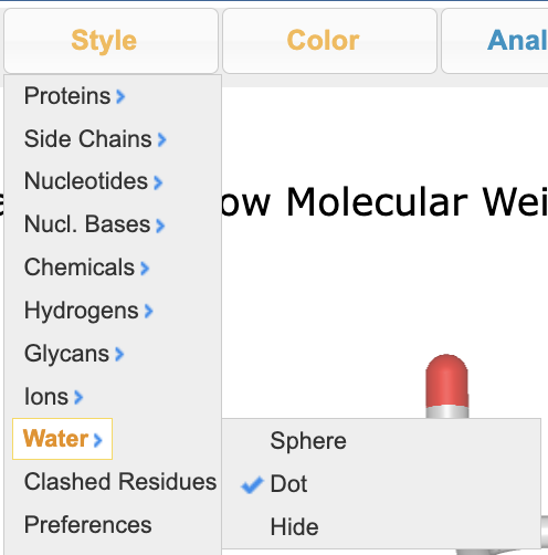 Screenshot of style menu highlighting water with “dot” checked.