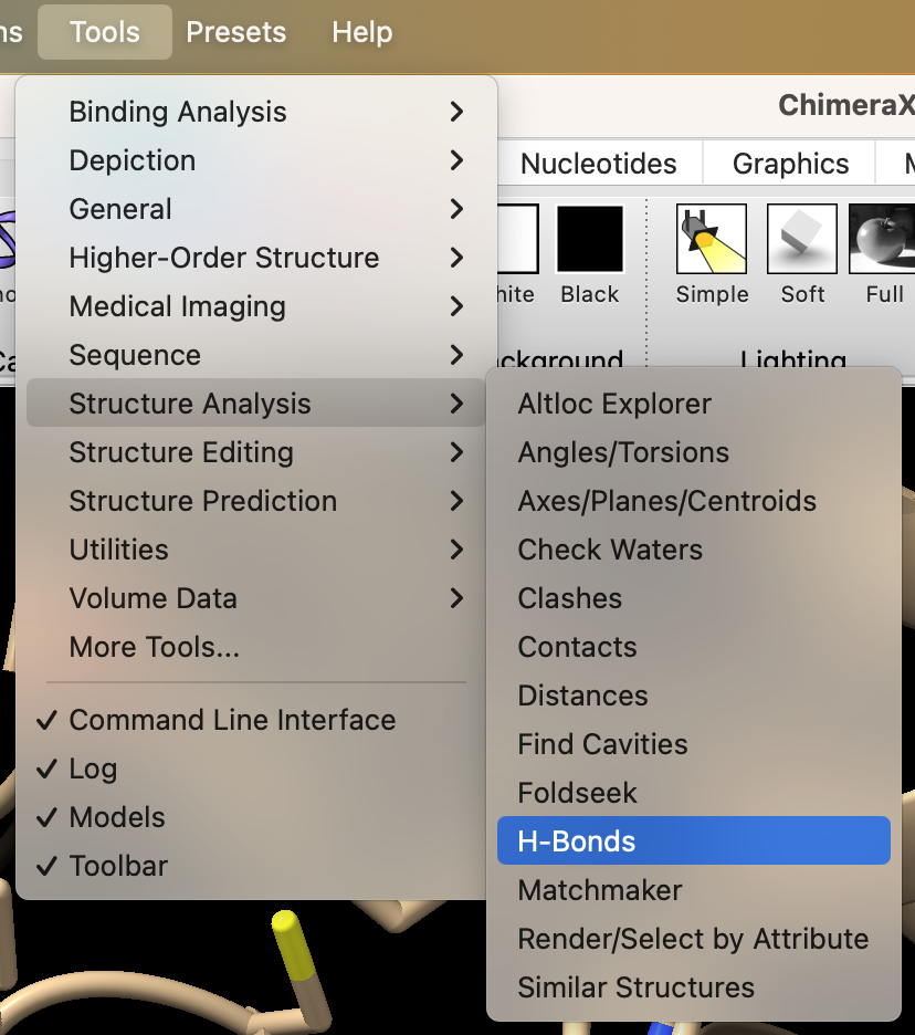 Screenshot of the tools menu with ‘structural analysis’ and ‘H-bonds’ highlighted.