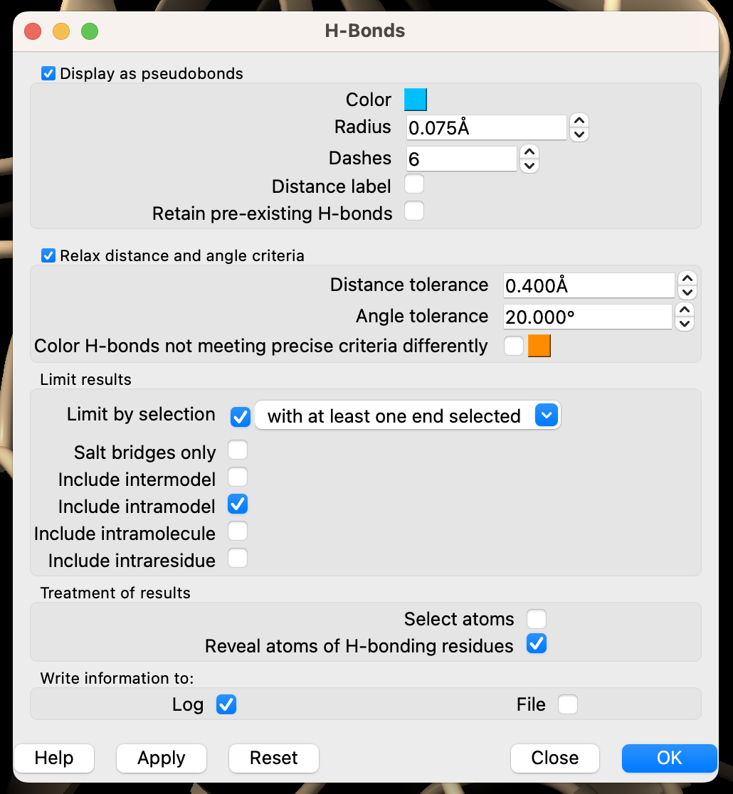 Screenshot of the H-bonds popup menu.