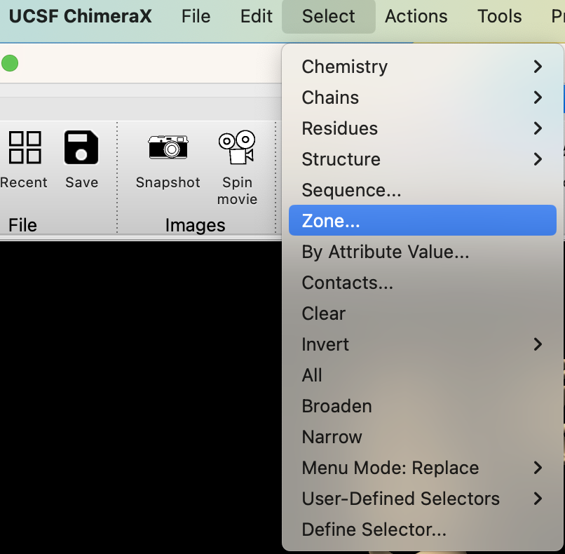 Screenshot of the ‘select’ dropdown menu highlighting ‘zone’.