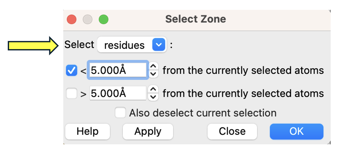 Screenshot of the select zone window with a yellow arrow indicating the select box (with residues selected) and <5.000 angstroms checked.