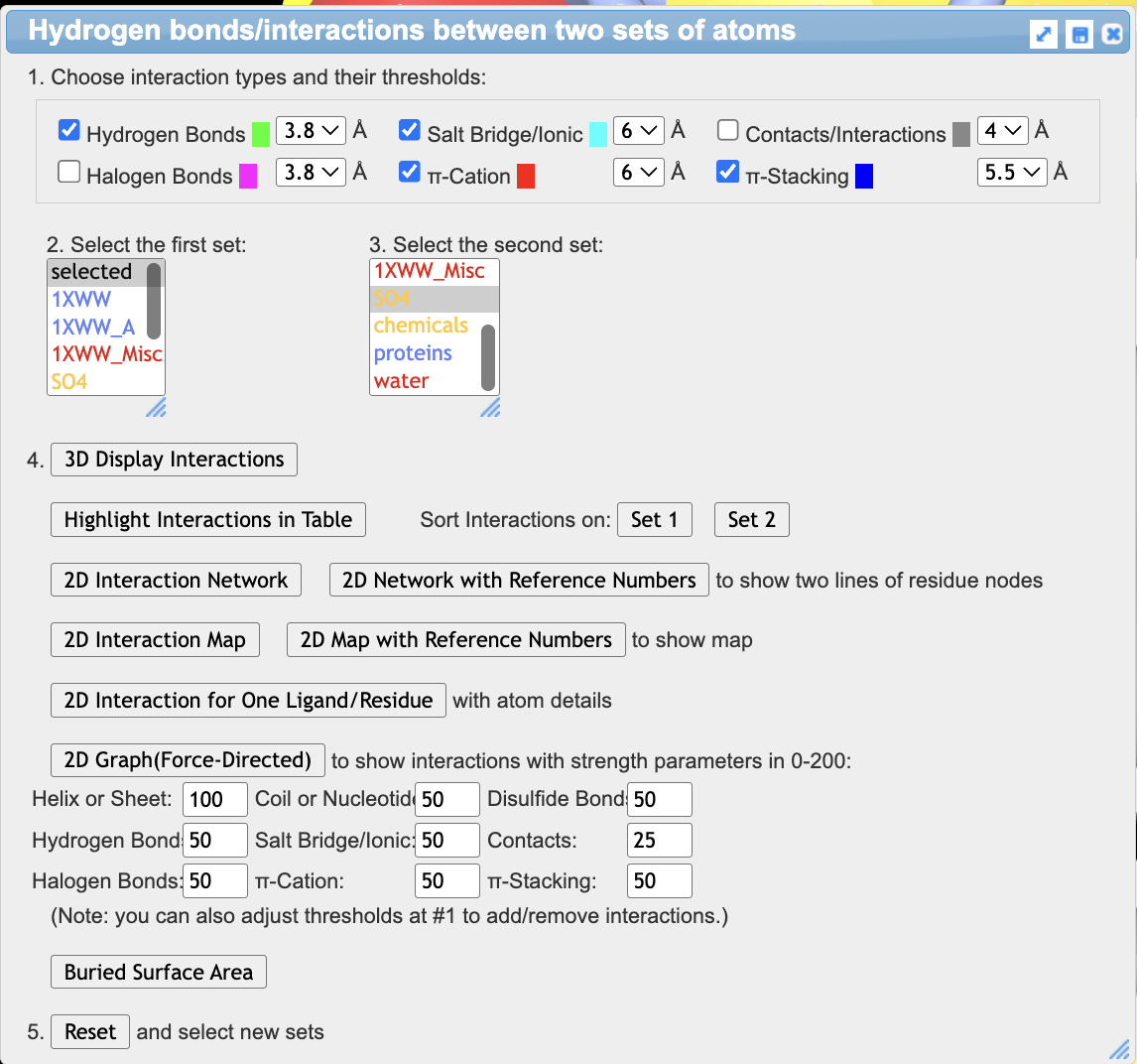 Screenshot of the Hydrogen bonds/ interactions between two sets of atoms popup window.