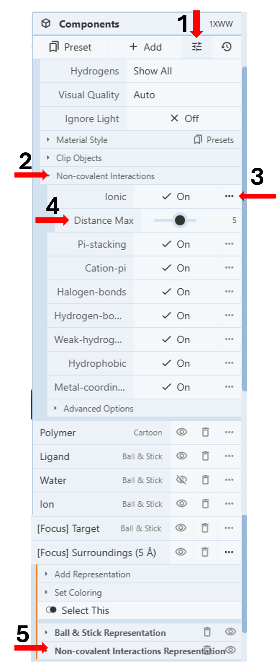 Screenshot of the components menu with steps 1-5 labeled with red arrows.