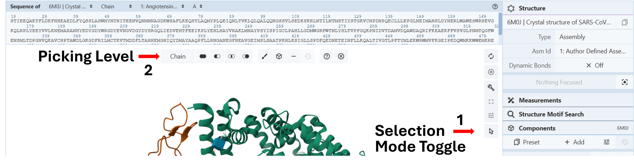 Image showing how to change the colors of chains in a PDB image. 1 indicates the selection mode tobble button and 2 indicates the picking level menu.