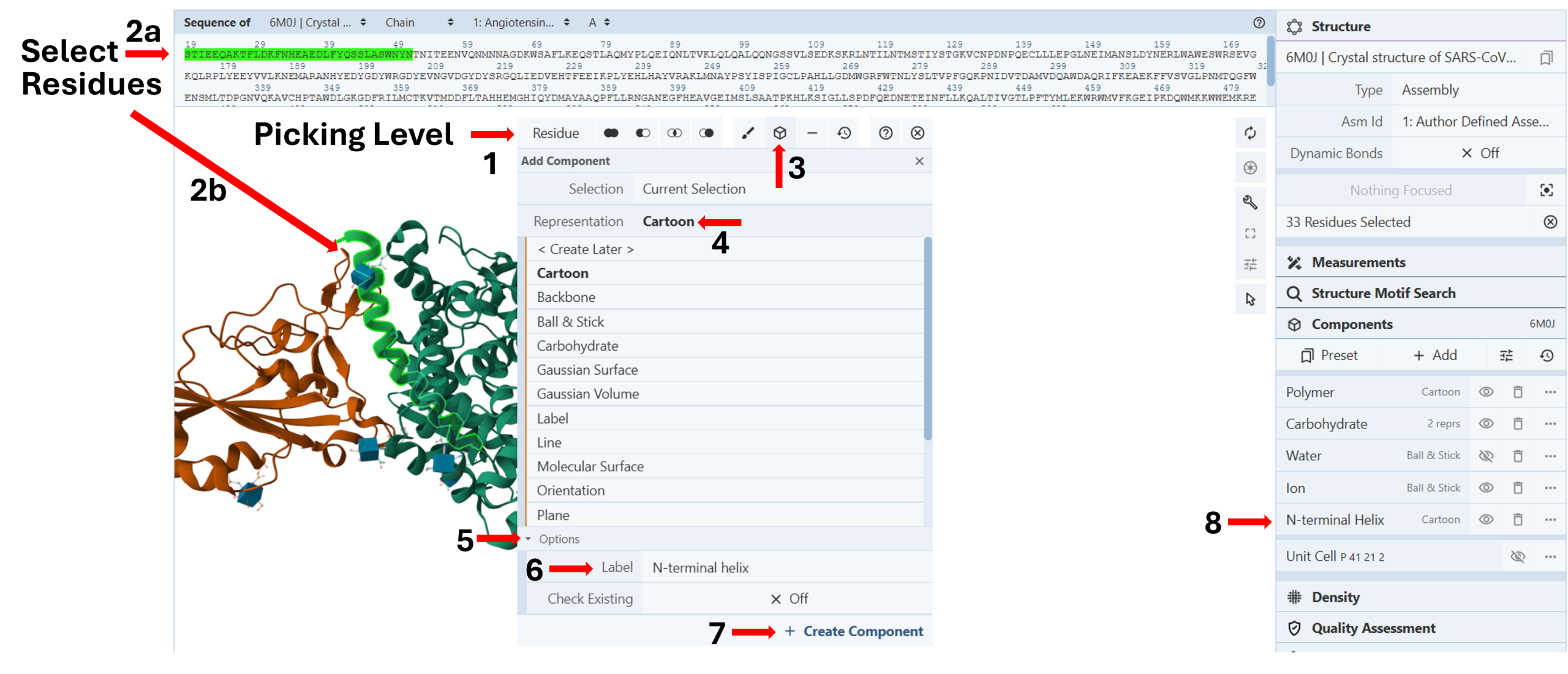 Image showing how to create a new component from a selection with arrows 1-8 indicated. Explanations of these arrows is provided in the text below.