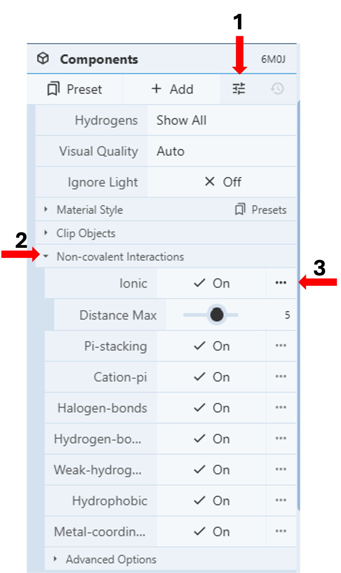 Screenshot of the components menu with steps labeled 1-3 with red arrows for how to show the non-covalent interactions at the interaction interface.