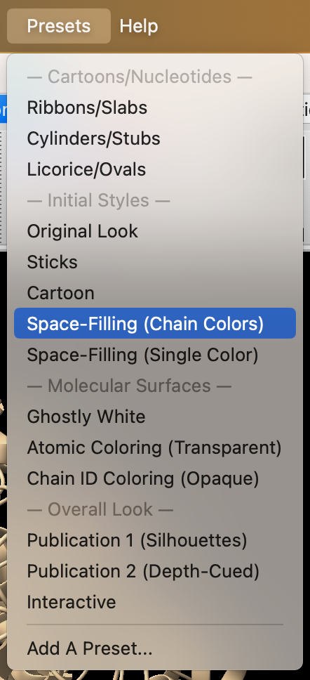 Screenshot of ‘presets’ menu with ‘space-filling (chain colors) option highlighted.