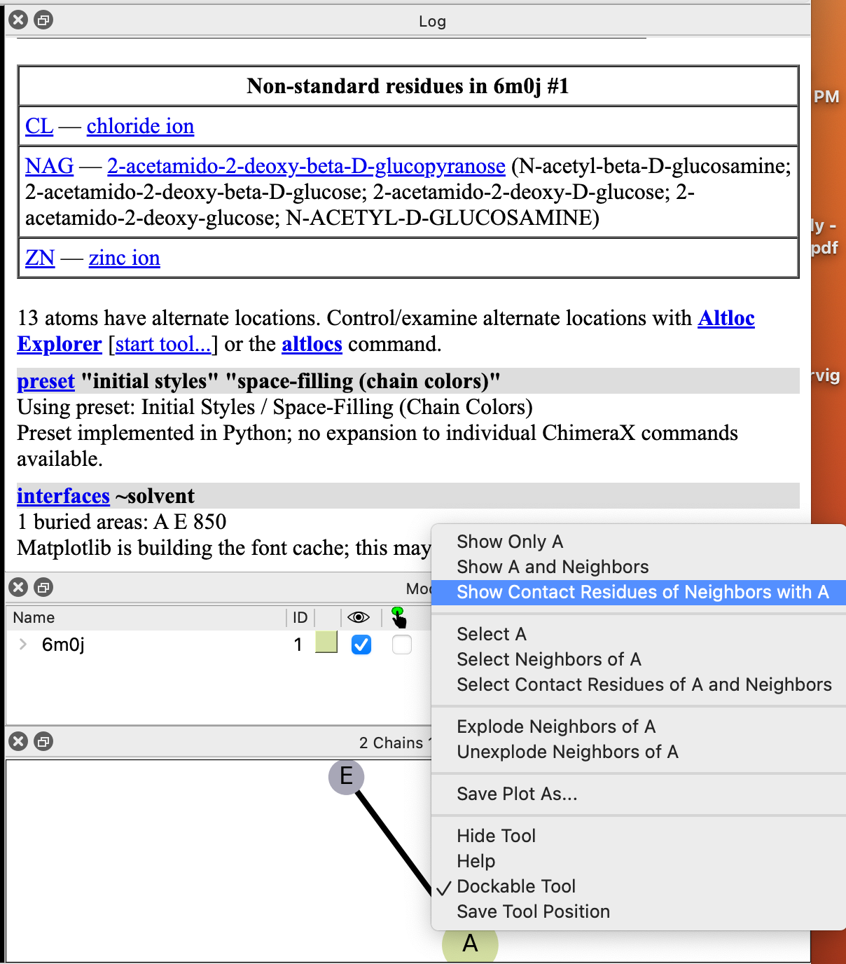Screenshot of the log interface popup window with the right click menu featured and ‘show contact residues of neighbors with A’ highlighted.