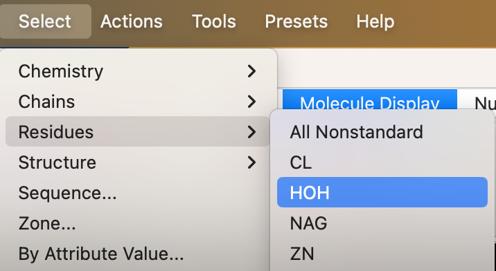 Screenshot of the select menu with ‘residues’ and ‘HOH’ highlighted to select water molecules.