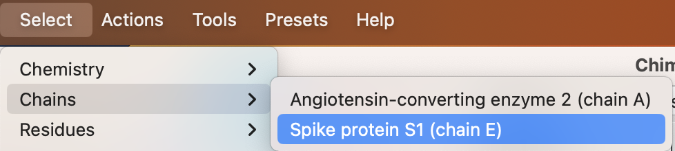 Screenshot of the select menu with ‘chains’ selected and ‘Spike protein S1 (chain E) highlighted.