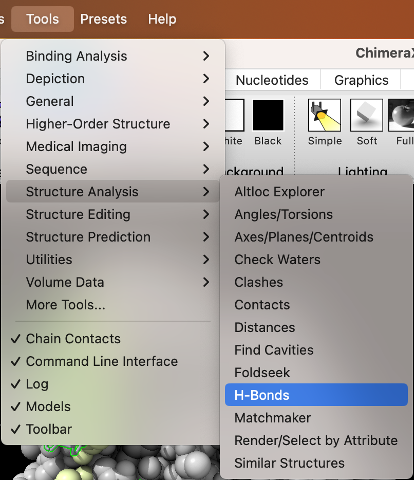 Screenshot of the tools menu with ‘structure analysis’ and ‘H-bonds’ highlighted.