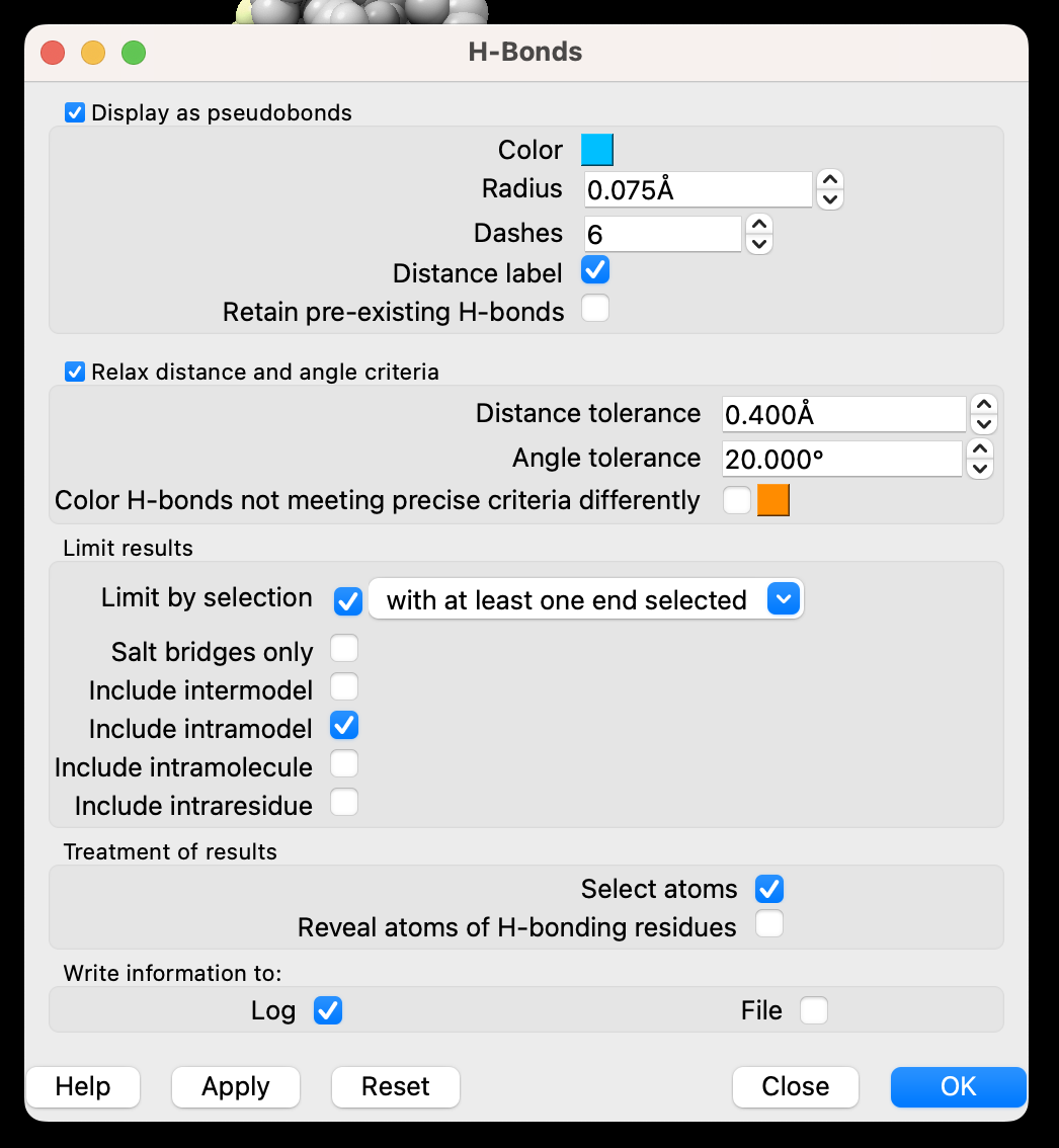 Screenshot of the H-bond popup menu with five checked boxes: 1) Display as psuedobonds, 2) Relax distance and angle criteria, 3) limit by selection, 4) include intramodel, 5) Select atoms, and 6) Log.
