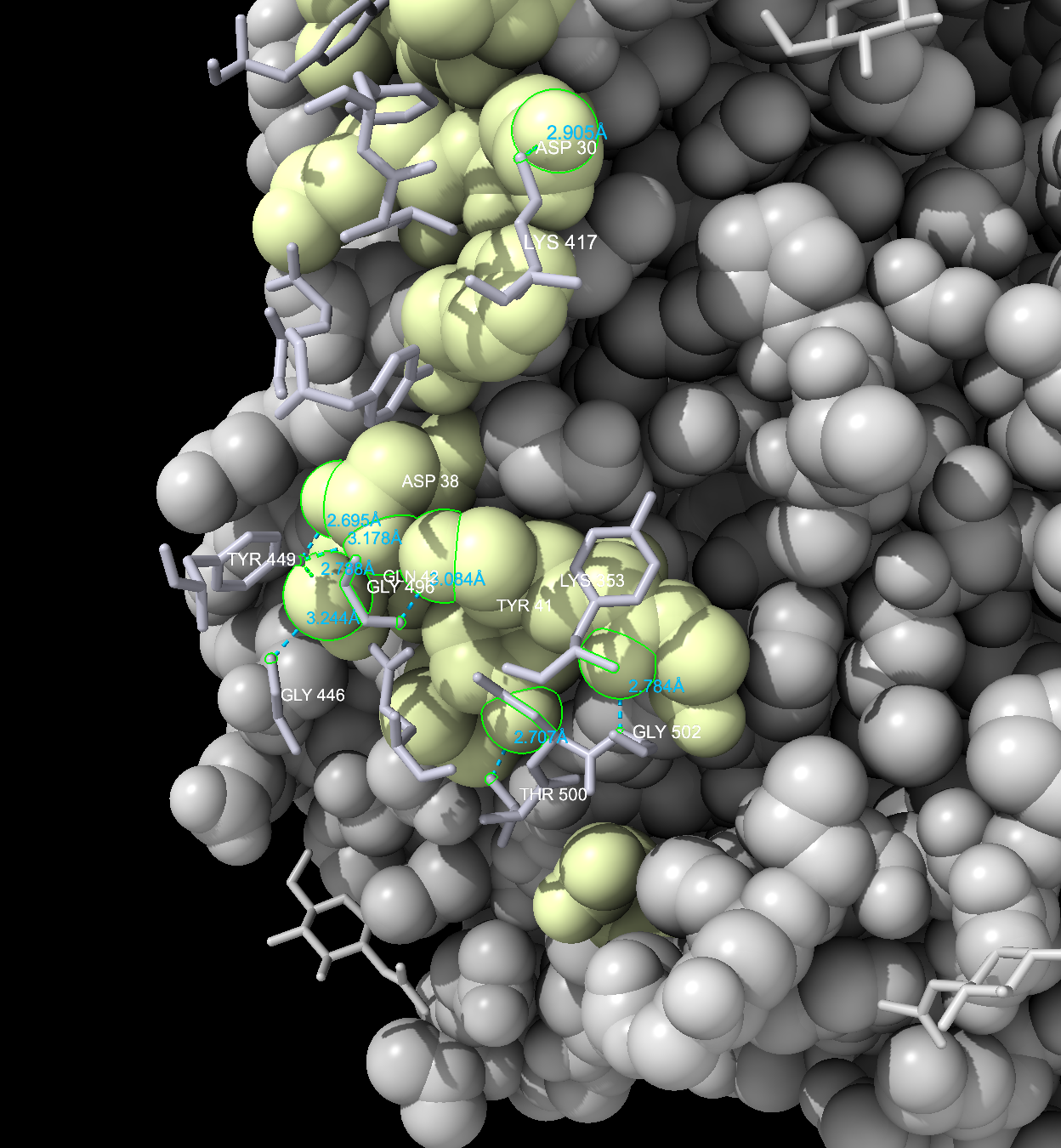 Final output of the instructions for this chapter with the protein shown in space filling mode where the majority of the right side of the protein is grey and the left side is yellow with several amino acids labeled.