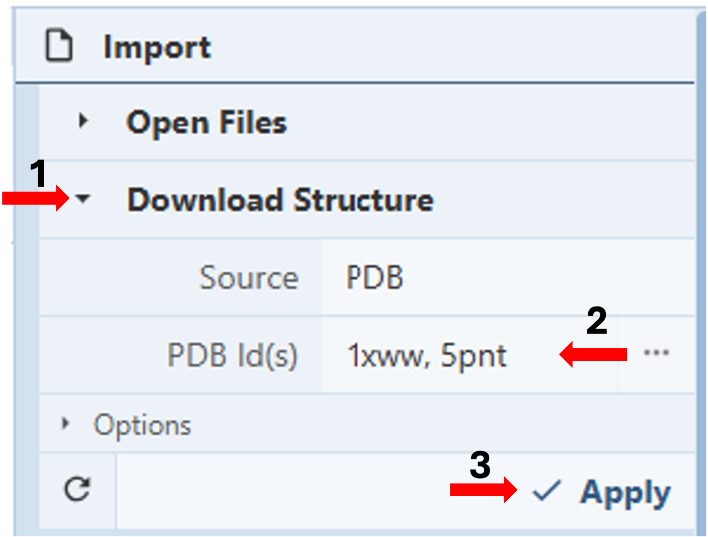 Screenshot of the import menu with steps 1-3 highlighted with red arrows.