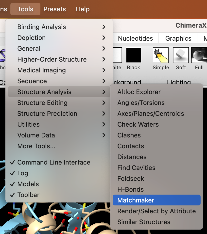 Screenshot of tools menu with ‘structure analysis’ and ‘Matchmaker’ highlighted.