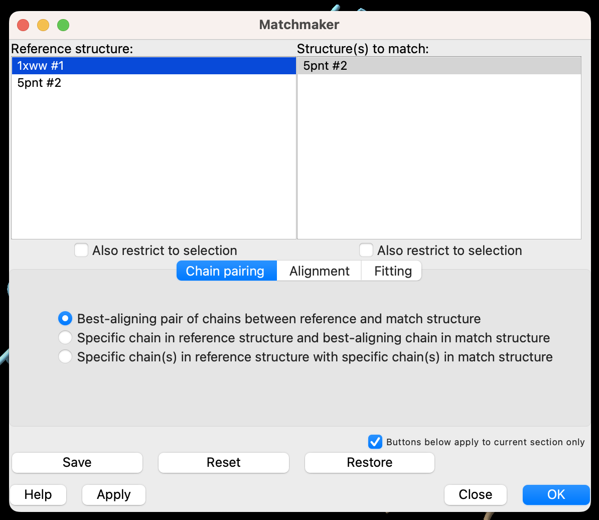 Screenshot of the matchmaker popup window with 1xww#1 highlighted in the Reference structure panel and 5pnt #2 highlighted in the Structure(s) to match panel. The radio button Best-aligning pair of chains between reference and match structure is chosen under Chain pairing.