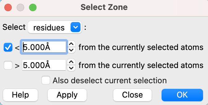 Screenshot of the select zone popup window with <5.000 angstroms checked.
