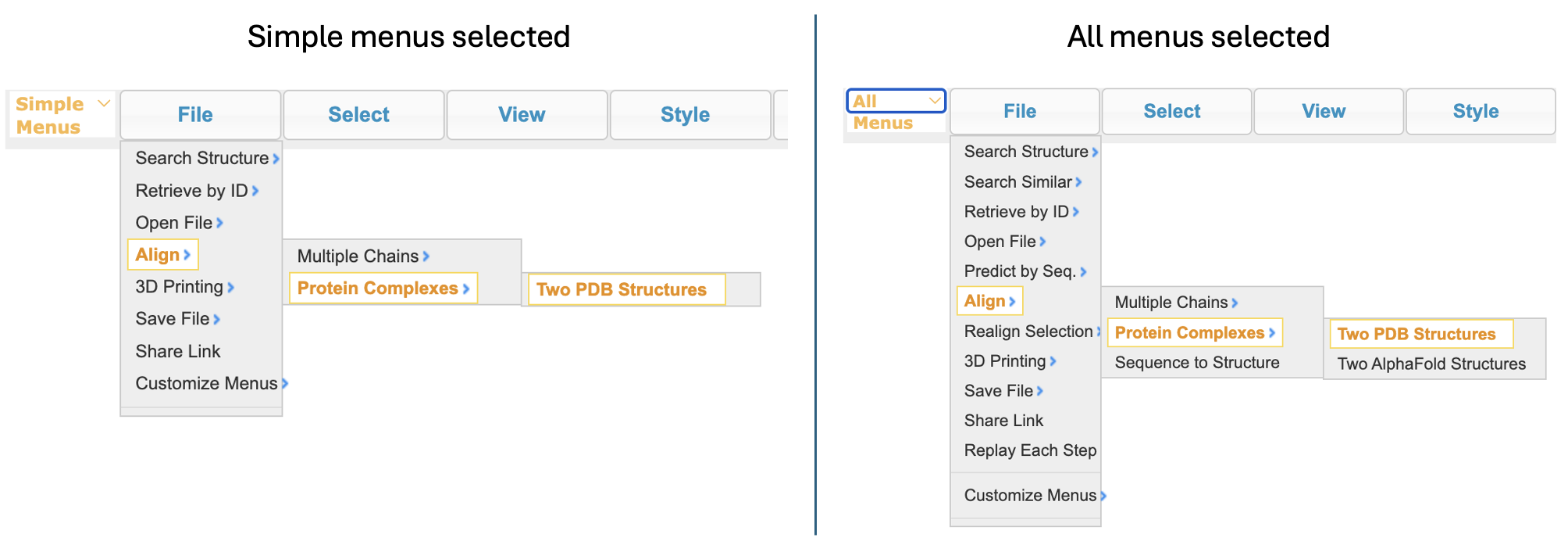 Screenshots of two menus: Left menu shows the simple file menus with 'File' then ‘align’ then ‘protein complexes’ then ‘Two PDB structures’ highlighted. Right menu show the all menus selected setting with 'file' then ‘align’ then ‘protein complexes’, then ‘Two PDB structures’ highlighted. The right menu has several more features in the file menu compared to the simple menu.