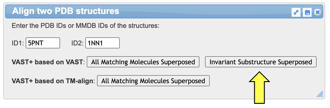 Screenshot of the align two PDB structures menu with yellow arrow indicating the ‘invariant substructure superimposed’ box.