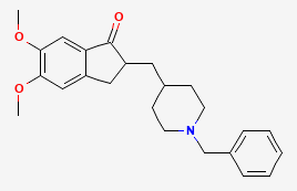 Line structure of Aricept, a molecule featuring a central indanone ring fused to a dimethoxybenzene ring, a piperidine ring, and a benzyl group.