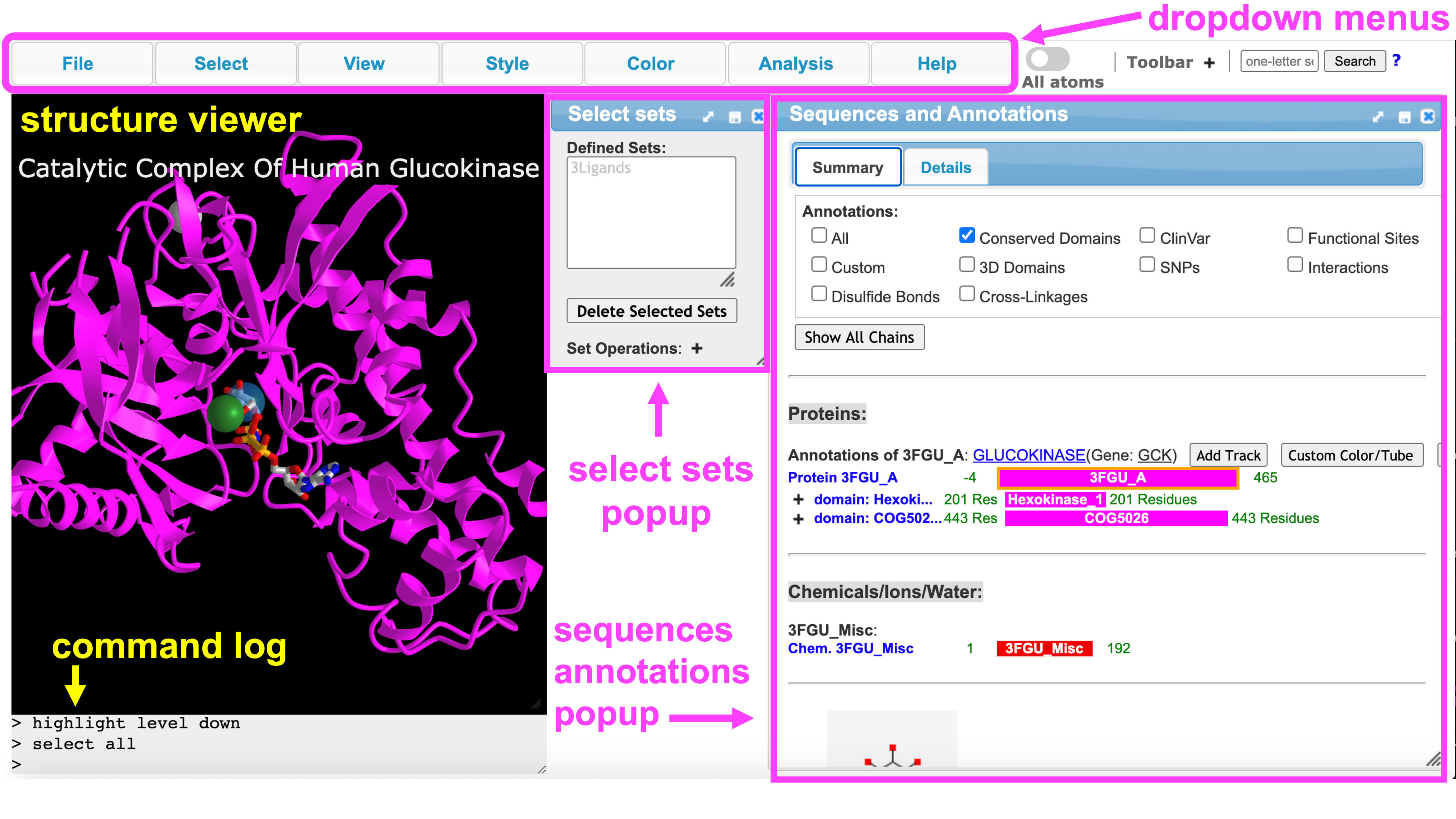 Screenshot of the iCn3D interface, highlighting the structure viewer and various dropdown menus and popups. Labeled components: structure viewer, command log, select popup sets, sequences annotations popups.