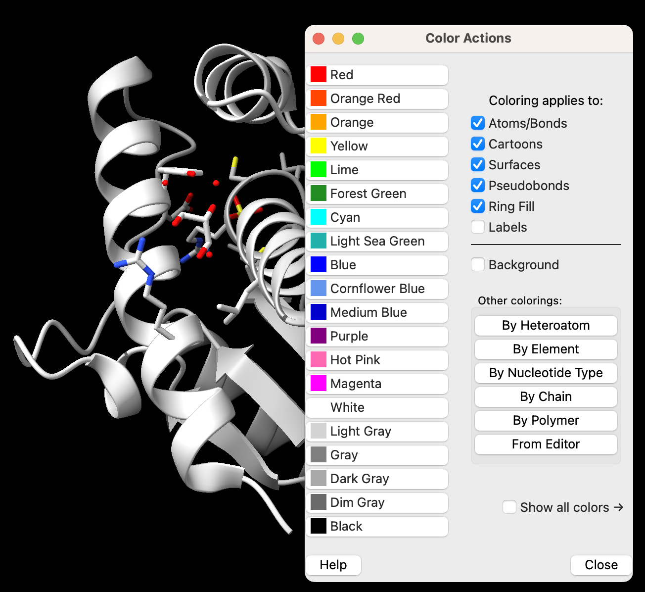 Color actions window on a computer screen featuring a list of the different colors for atom labels.