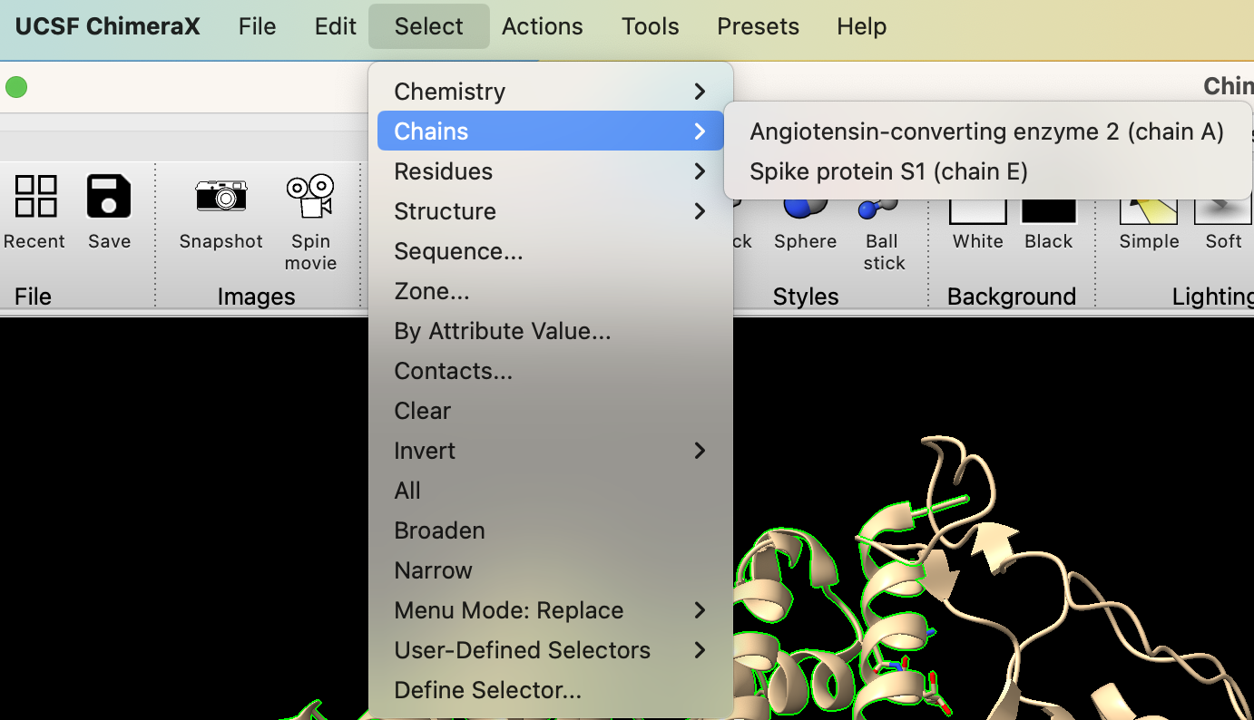 Screenshot of the select menu highlighting the 'Chains' feature among various object types.