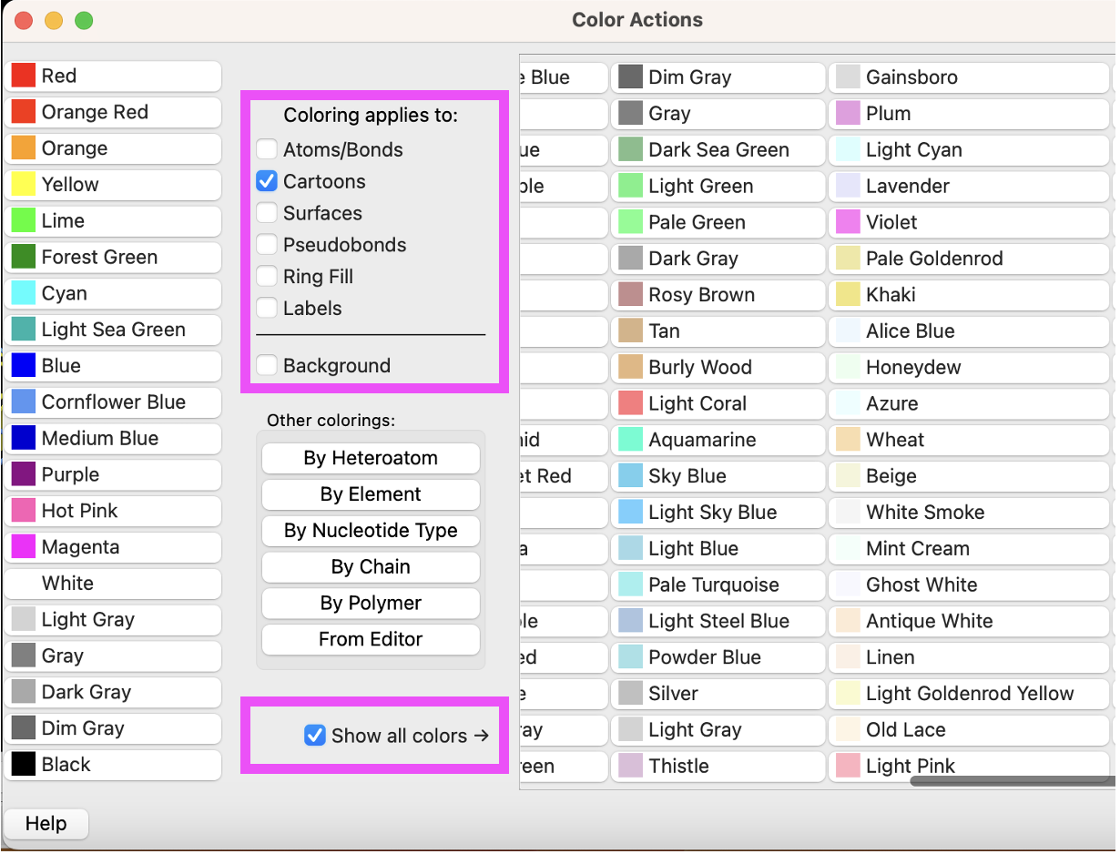 Color actions menu showing color picker options with cartoons and show all colors boxes selected.