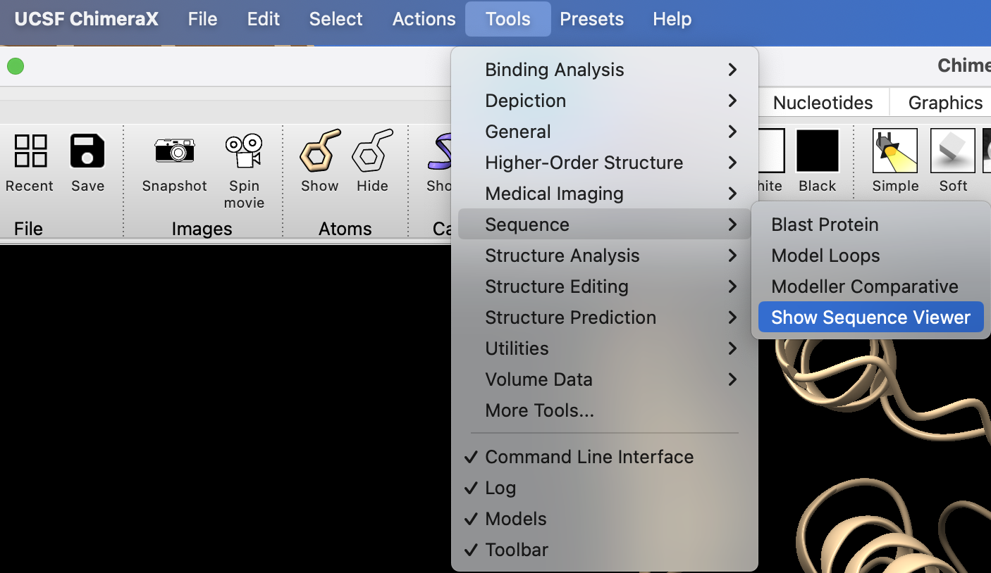 Image of software interface displaying the tools menu, highlighting 'sequence' and 'show sequence viewer' options.