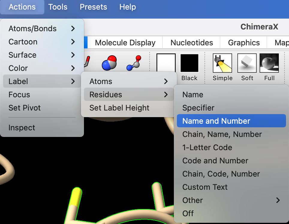 Screenshot showing the actions menu with options to label residues with name and number highlighted.