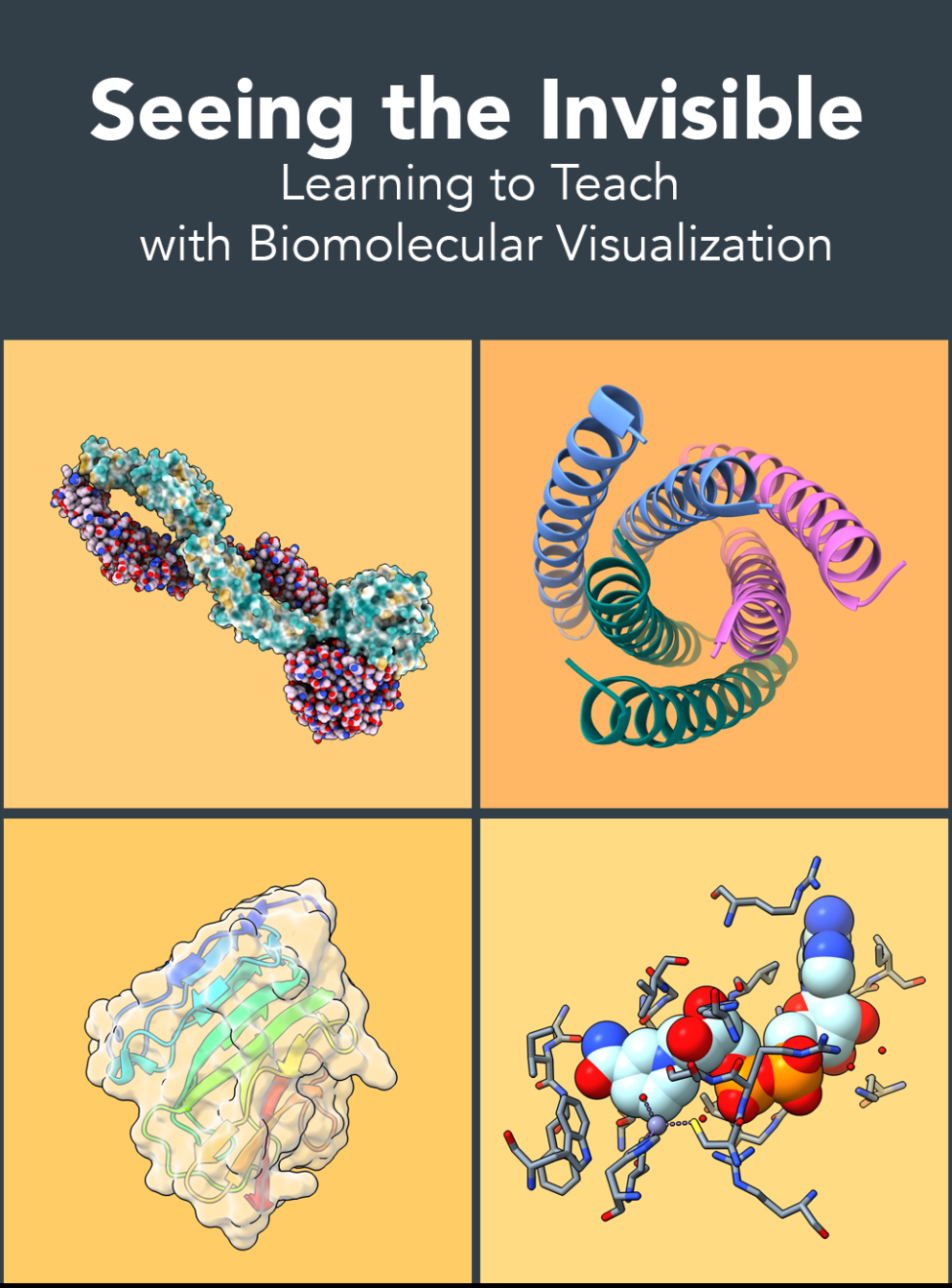Cover art for the book including the title at the top in a grey box and 4 protein images in yellow boxes below.