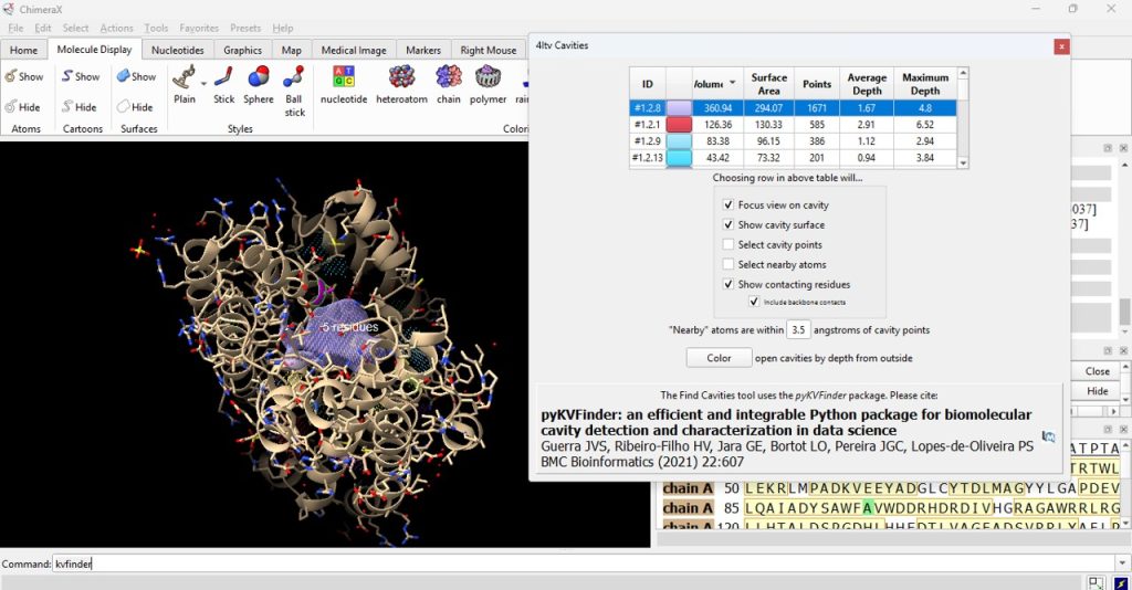 A working window of ChimeraX. The Epi-isozizaene synthase (EIZS) molecule in ribbon representation with F96A mutation. A pop up window with a cavity selection table.