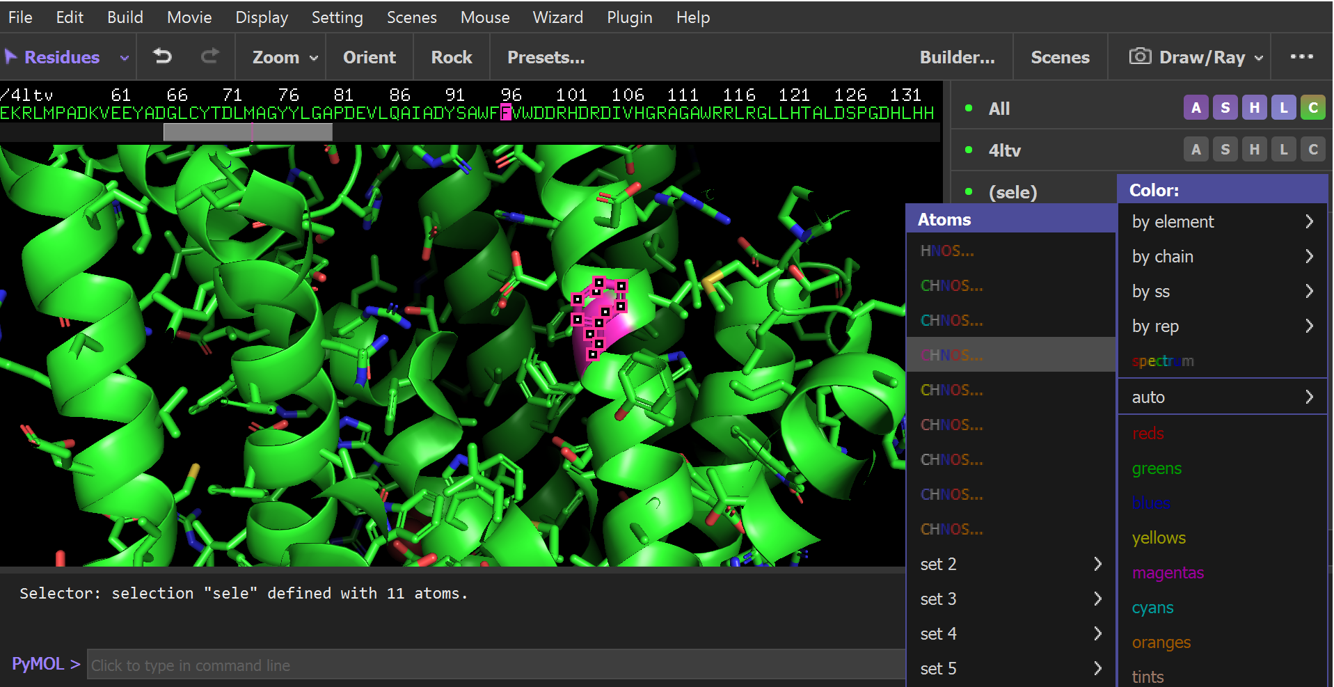 Ribbon diagram of the protein in green with residue F96 in magenta.