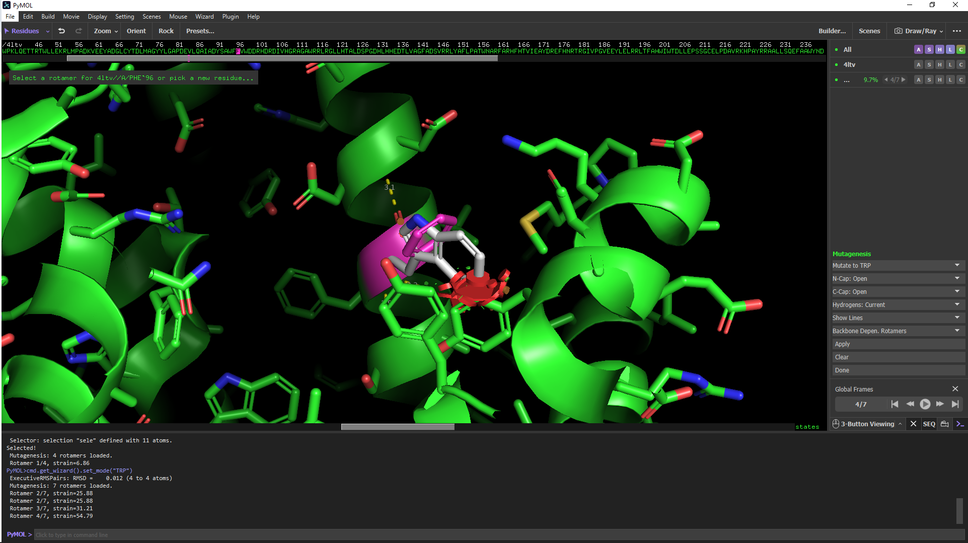 Protein shown in green ribbon with side chains in sticks with cpk coloring and green carbons. The F96W mutation is shown with W in grey. Steric clashes are indicated by a red surface between W96 and other protein atoms.