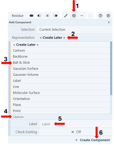 Screenshot showing how to create a new component from a selection with steps 5-9 highlighted with red arrows 1-6.
