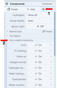Screenshot of the components menu to access non-covalent interactions with steps 1 and 2 labeled with red arrows