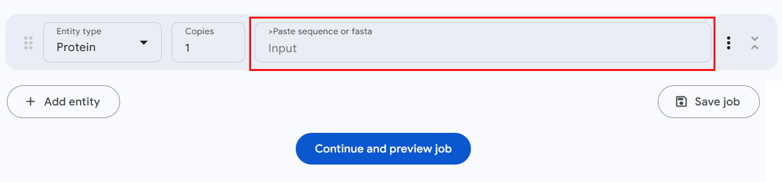 Screenshot of the sequence input panel in the AlphaFold server.