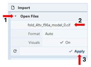 Screenshot of the open files option within the import menu with steps 1-3 highlighted with red arrows.