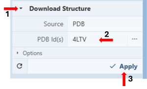 Screenshot of the download structure option within the import menu with steps 1-3 highlighted with red arrows.
