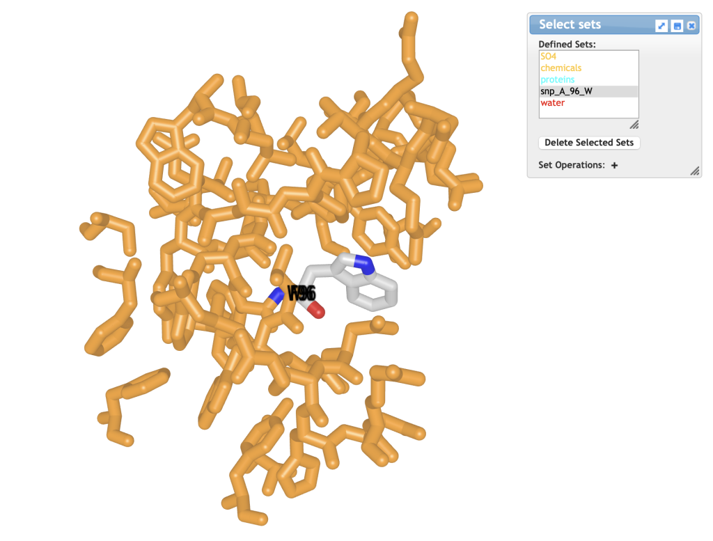 Wireframe rendering of F96W version of 4LTV structure. All residues colored orange except the mutant Trp residues, which is colored in CPK colors.