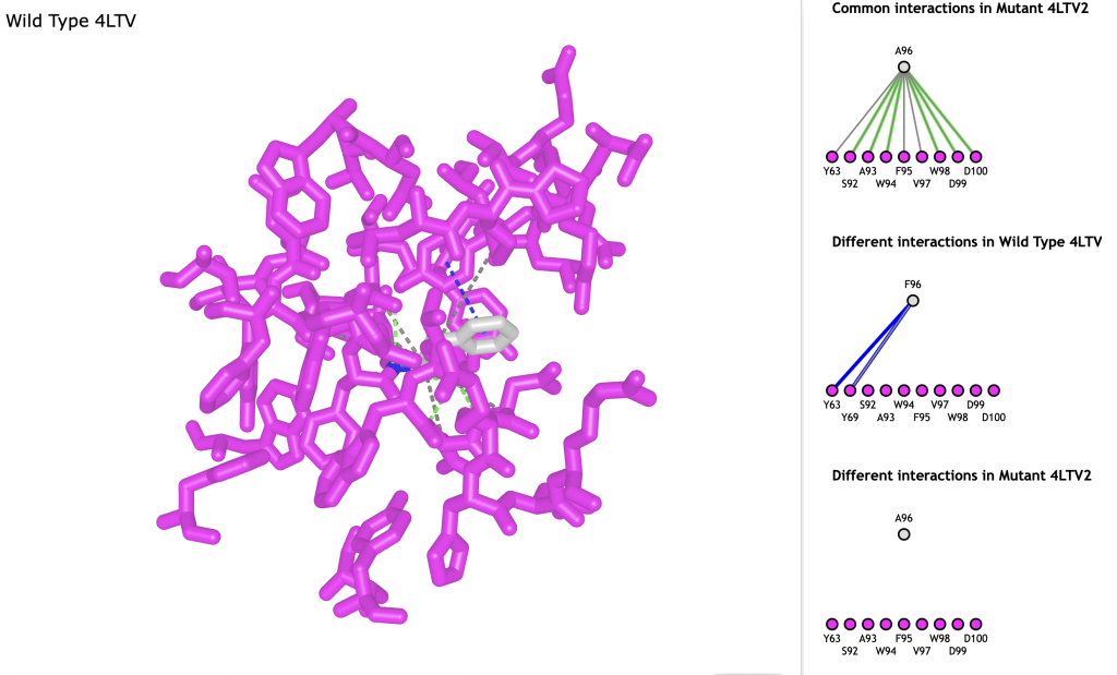 The wild type 4LTV protein is rendered as magenta wireframe, Amino acid 96 is rendered in gray CPK colors. Graphical representation of interactions in the wild type and mutant are shown in the window to the right. Caption describes legend for interactions.